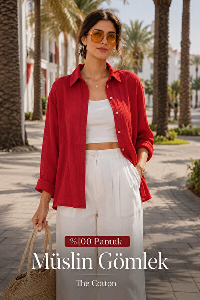 The Cotton Women's Red Muslin Oversize Loose Cut Buttoned Shirt