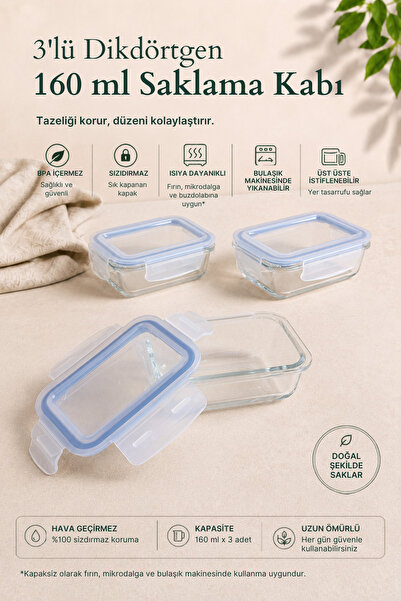 KHAKMA Set of 3 160 ml Glass Storage Containers with Leak-Proof Lids