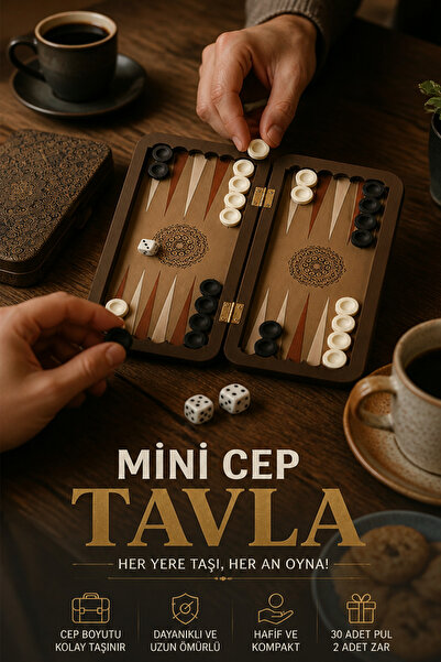 kutuTR TVL07 Katlanabilir Mini Cep Tavlası Ahşap MDF Taşınabilir Tavla Seti Desenli 2 Adet Tabak Altlığı