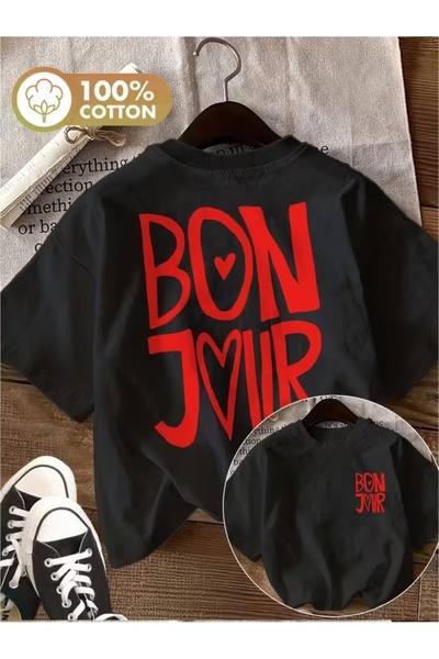 AEMİ Unisex majica sa širokim izrezom i printom "Bonjour"
