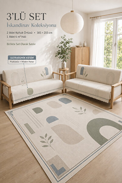 GECE HOME 3’lü Set 2 Adet 165x215 cm Koltuk Örtüsü + 1 Adet 4m2 160x230 cm Ka...
