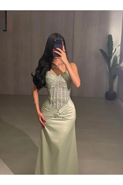 NUHAIRa Sheer Beaded and Crystal Embellished Evening Dress