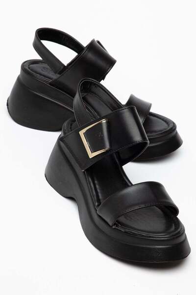 Dilimler Ayakkabı Women's Wedge Heeled Sandals Black Thick Straps with Buckle...