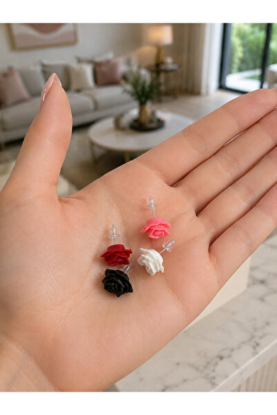 B2 Studio Gül Figürlü Mini Küpe Seti 4 Çift – Pembe, Kırmızı, Beyaz ve Siyah – 1,4 cm