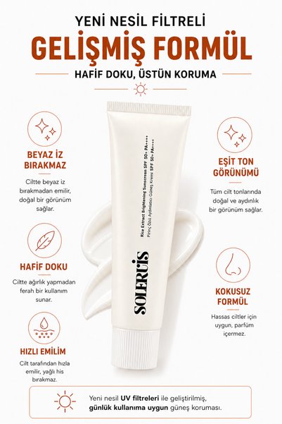 SOLERVIS Rice Extract Brightening and Anti-Blemish Sunscreen Spf 50+ Pa++++ White Trace-Free 50 ml