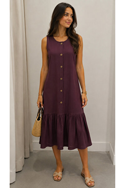 GOOD NİGHT Sleeveless Combed Cotton Dress with Decorative Buttons
