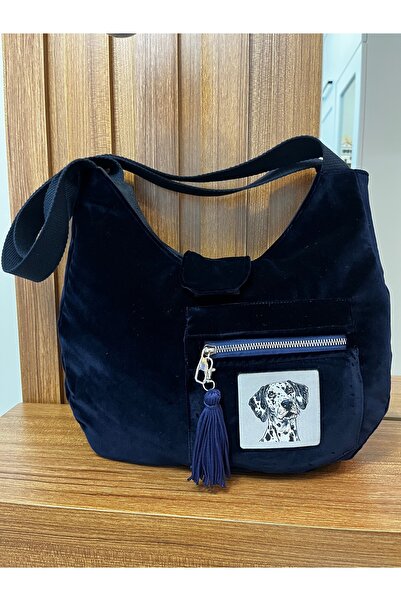 GÜLHOBY Navy Blue Velvet Fabric Bag with Dalmatian Dog Figure Embroidered Bag