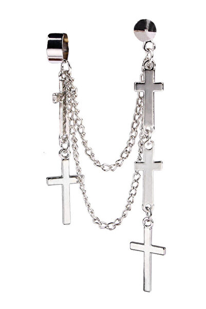 VeeShop Cercel tip ear cuff, model cu doua lanturi si cinci cruci mici