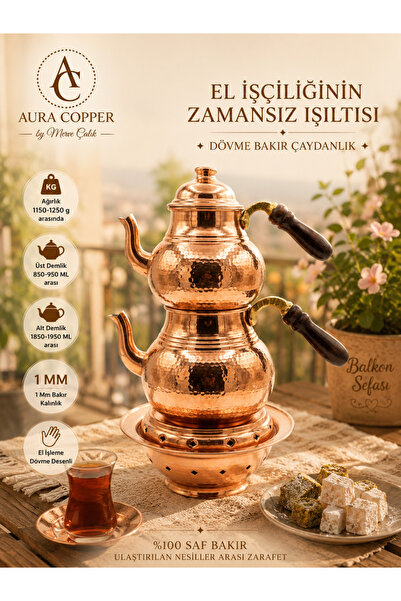 AURA COPPER Gaziantep Geleneksel Büyük Boy Bakır Çaydanlık + Balkon Sefalı El...
