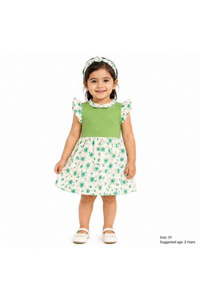 Generic Girls Floral Dress Ruffle Sleeve Round Neck Dress for Kids