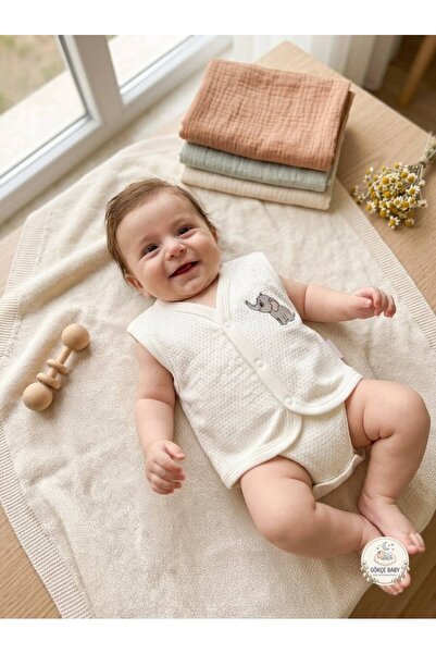 Gökçe Baby Elephant Embroidered Baby Vest – 100% Cotton, Soft Texture, Unisex...