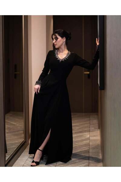 Ayaen Black Long Evening Dress with Beaded Pearls on the Neckline and Sleeves