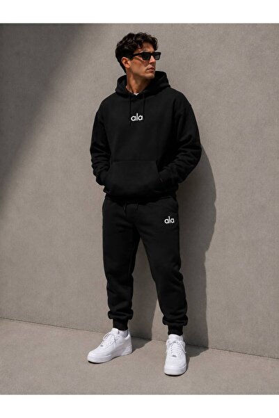 Frisson Oversized Trend Model Kangaroo Pocket Hooded Sweatshirt Tracksuit Set