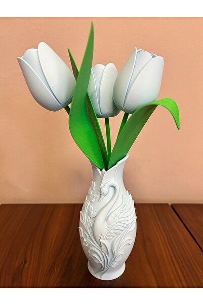 Dekoratif Vazo 17 cm 3D Baskı Plastik Kuğu Model Beyaz Çiçeklik