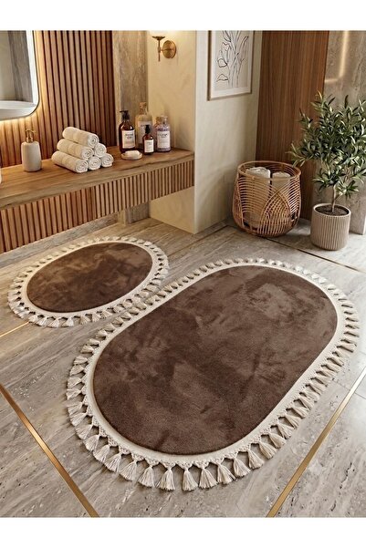 DECORA CASA HOME COLLECTİON Luxury Set of 2 Oval Bath Mats 60X110/ 60X50 Non-...