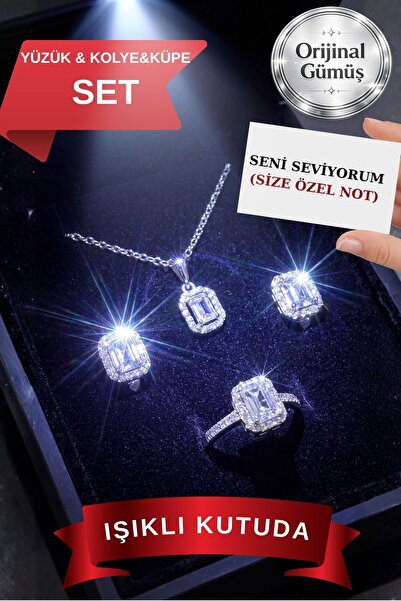 CARAT STONE IŞIKLI SET KUTUSUNDA 925 AYAR GERÇEK GÜMÜŞ YÜZÜK,KOLYE,KÜPE SET