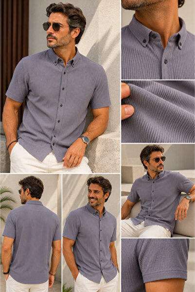 MASTIFF Erkek Gri Fitilli Kısa Kollu Gömlek – Slim Fit Düğmeli Yazlık Dokulu ...
