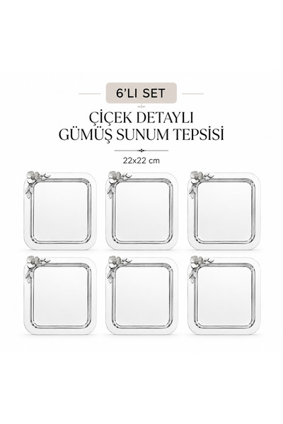Turkco Silver Single Flower Detailed Square Presentation Tray 22X22 cm Engage...