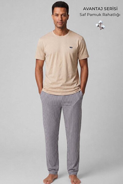 Aytuğ&Mısırlı Egyptian Men's Cotton Striped Pajama Set Beige-Navy Blue