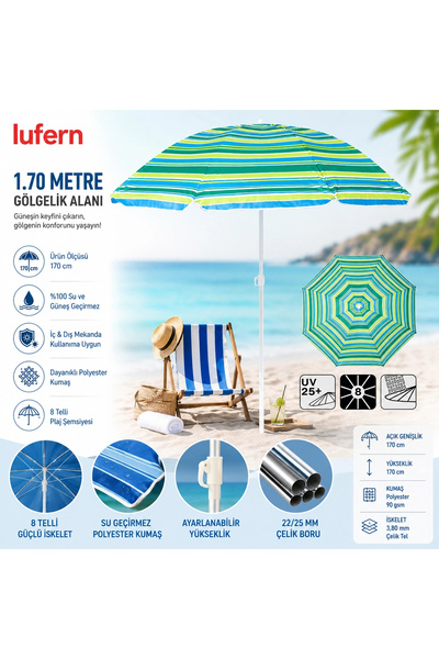 Lufern Ekstra Korumalı Dayanıklı Plaj Şemsiyesi Su Geçirmez Deniz Bahçe Balko...
