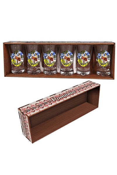 LimArt Set 6 pahare de tuica Romania in cutie decorata din lemn 6 x 25 ml