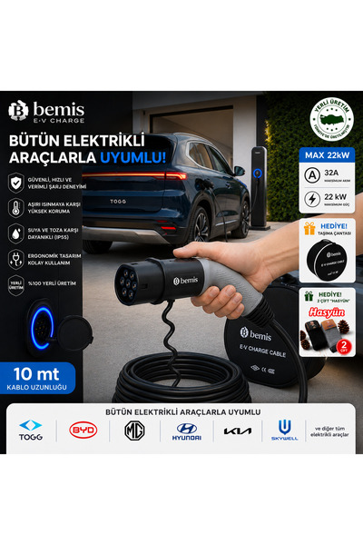 Elektrikli Araç Şarj Seti Tip 2 (Type2) Her Marka Araç için Uyumlu, Trifaze, 32A 22kW 10 Mt Kablolu 5×2,5 mm² + 1×0,75 mm² Halojensiz Kablo CE