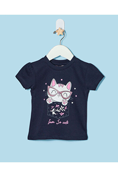 REDTAG Infant Girls Navy Chest Print T-Shirt