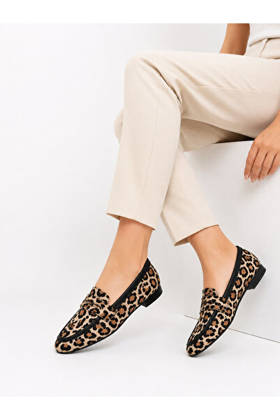 Lady Sunna Dark Leopard Leopar Desenli Düz Taban Üst Bant Detaylı Kadın Loafer Ayakkabı