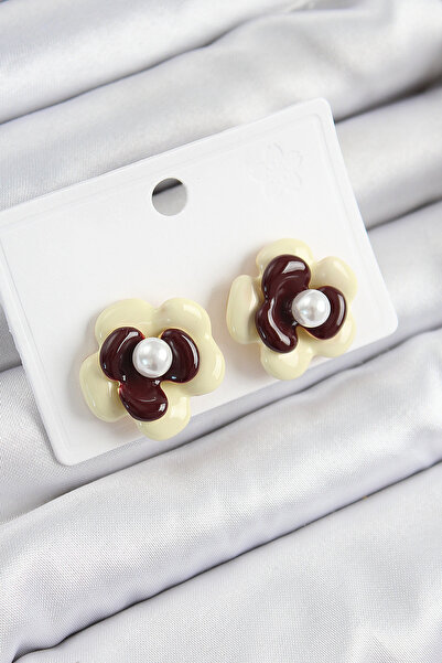 Mega Bazaar Pearl Detailed Cream Brown Color Daisy Model Women's Earrings