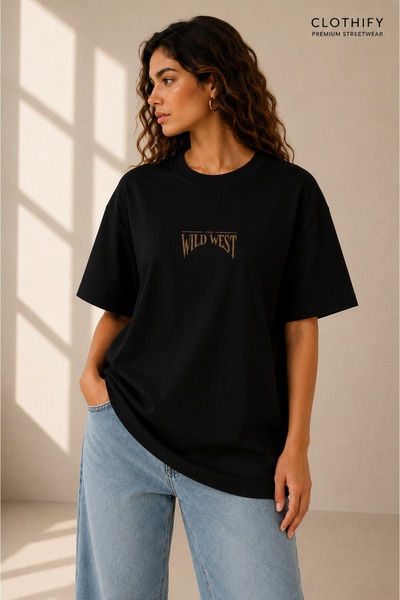 Clothify تي شيرت فاخر مطبوع عليه Wild West للجنسين، مقاس كبير، 100% قطن، ياقة دائرية