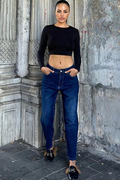 Moda4x4 Women's Clothing Dark Blue High Waist, Mom Jean Denim Pants