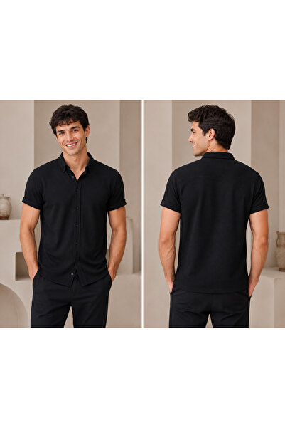 MASTIFF Erkek Siyah Kısa Kollu Gömlek | Waffle Dokulu Slim Fit Yazlık Gömlek