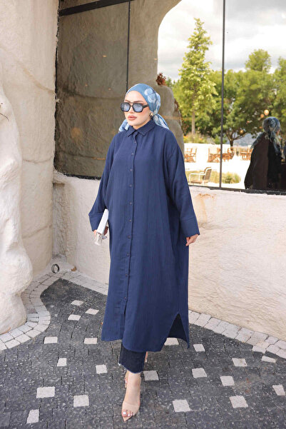 İmajButik Тъмносиня дълга муселинова туника с ръкав тип прилеп