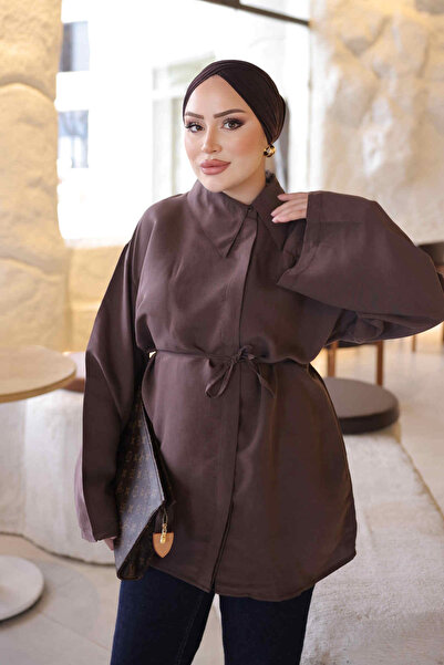 İmajButik Kahverengi Bel Bağlamalı Geniş Kol Gömlek