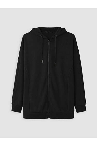 LC Waikiki Black Hooded Soft Touch Women's Zippered Sweatshirt