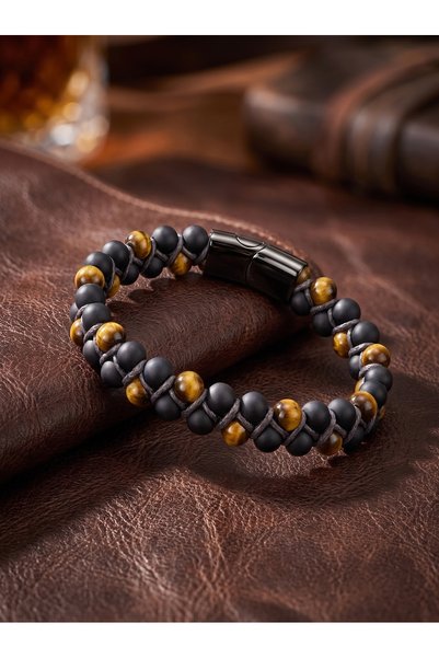 Parmas Design Men's Bracelet with Steel Rope, Tiger's Eye and Onyx Natural Stone 01903