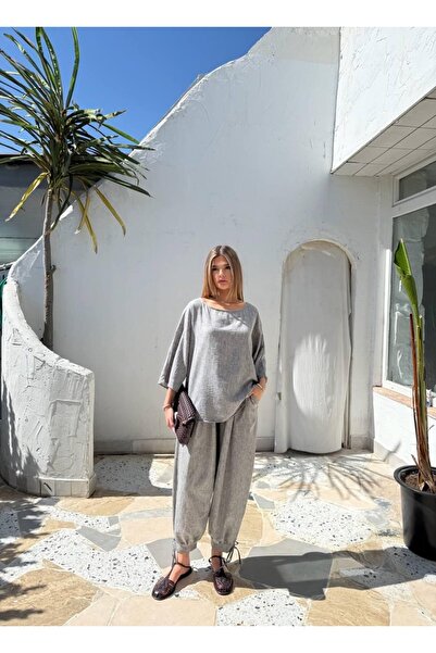VIORA FASHION Keten Bohem Kesim Şalvar Alt Üst Takım