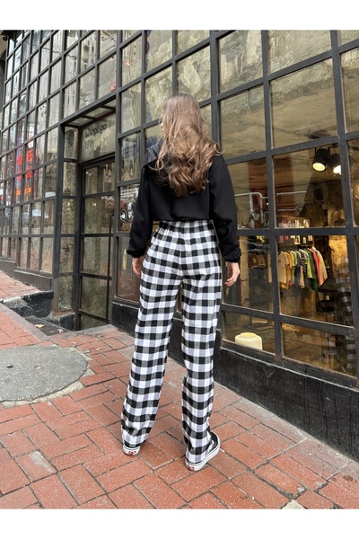 harmony factory Wide Leg Ekose Desenli Yüksek Bel Bağcıklı Pijama Pantolon Kadın