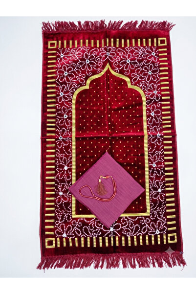 Kadife Seccade Seti 70x110 cm - Flamlı Eşarp ve Tesbih Hediyelik Set Bordo