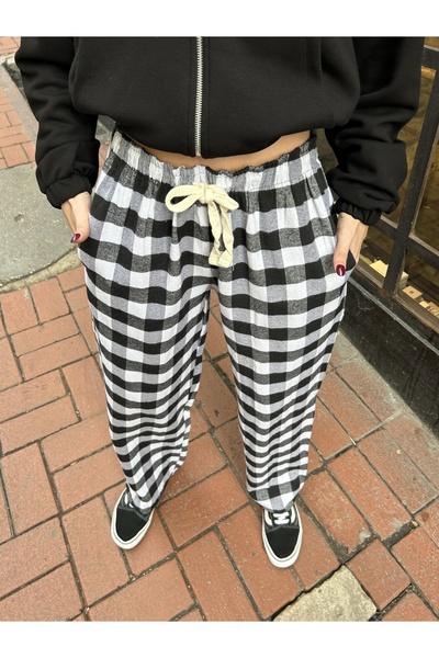harmony factory Wide Leg Ekose Desenli Yüksek Bel Bağcıklı Pijama Pantolon Kadın