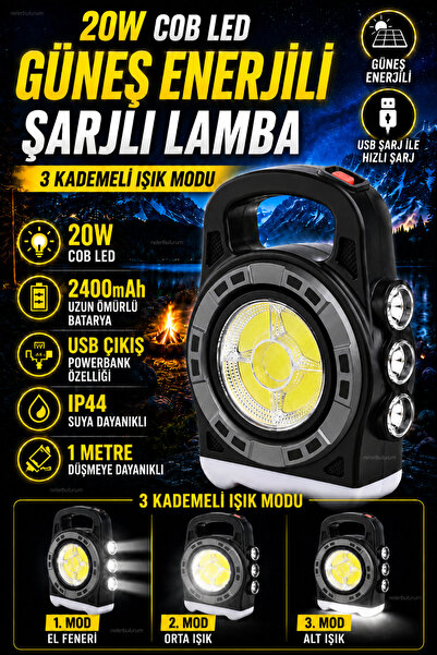nelerbulurum Güneş Enerjili ve Şarjlı 20W COB LED 3 Modlu Powerbank Özellikli...