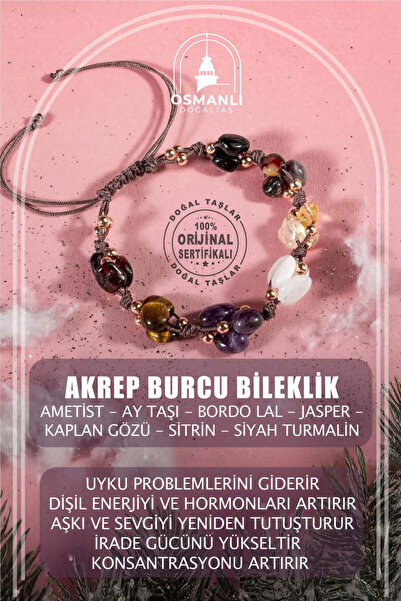 OSMANLI DOĞAL TAŞ Akrep Burcu Bileklik Ametist, Ay Taşı, Bordo Granat Lal, Ja...