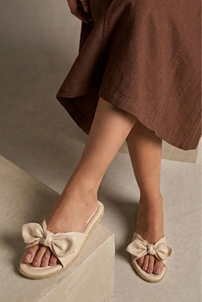 TOFİSA Women's Cream Bow Detailed Slippers - 28714-Krem