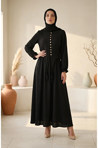 sefamerve Button Detailed Elastic Sleeves Hijab Double Set 2288-06 Black