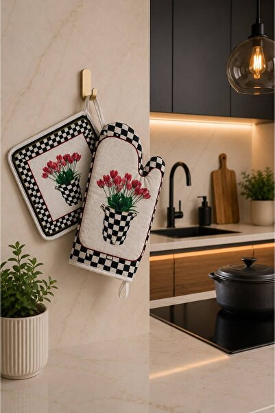 naya home 2'li Mutfak Eldiven Seti Mackenzie Dama Desen Isı Yalıtımlı Fırın T...