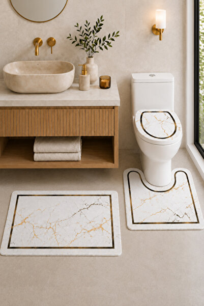 DECOVİST HOME Kaymaz Tabanlı Yıkanabilir 3’lü Klozet Takımı Beyaz Banyo Paspa...