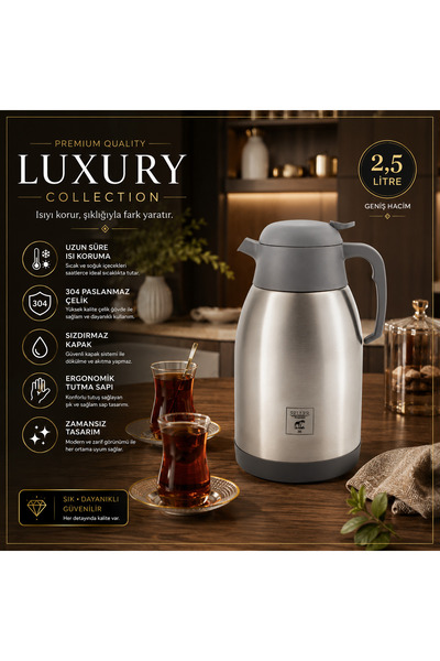 FELLER 5609 Paslanmaz Çelik Termos 2,5 Lt (Çay Termosu)