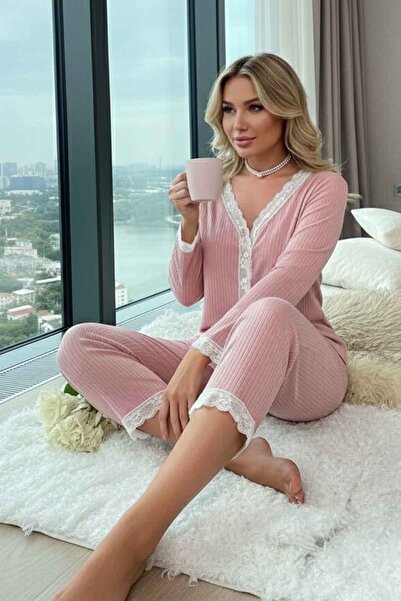 Merry See Ribbed Lace Detail Two-Piece Pajama Set