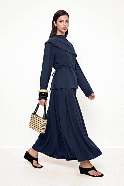 Hooopstore Navy Blue Skirt Suit with Cape Detail