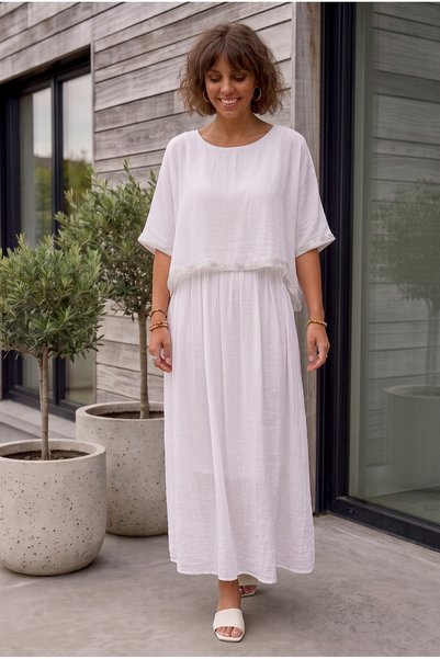 Chiccy Italian White Pool Collar Short Sleeve Lined Sleeve and Hem Sequined Silk Woven Dress 125 60